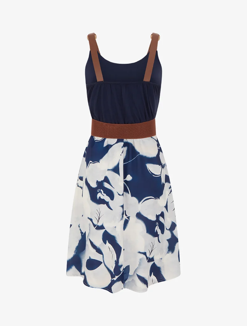 Robe mi-longue à bretelles en simili - Marine