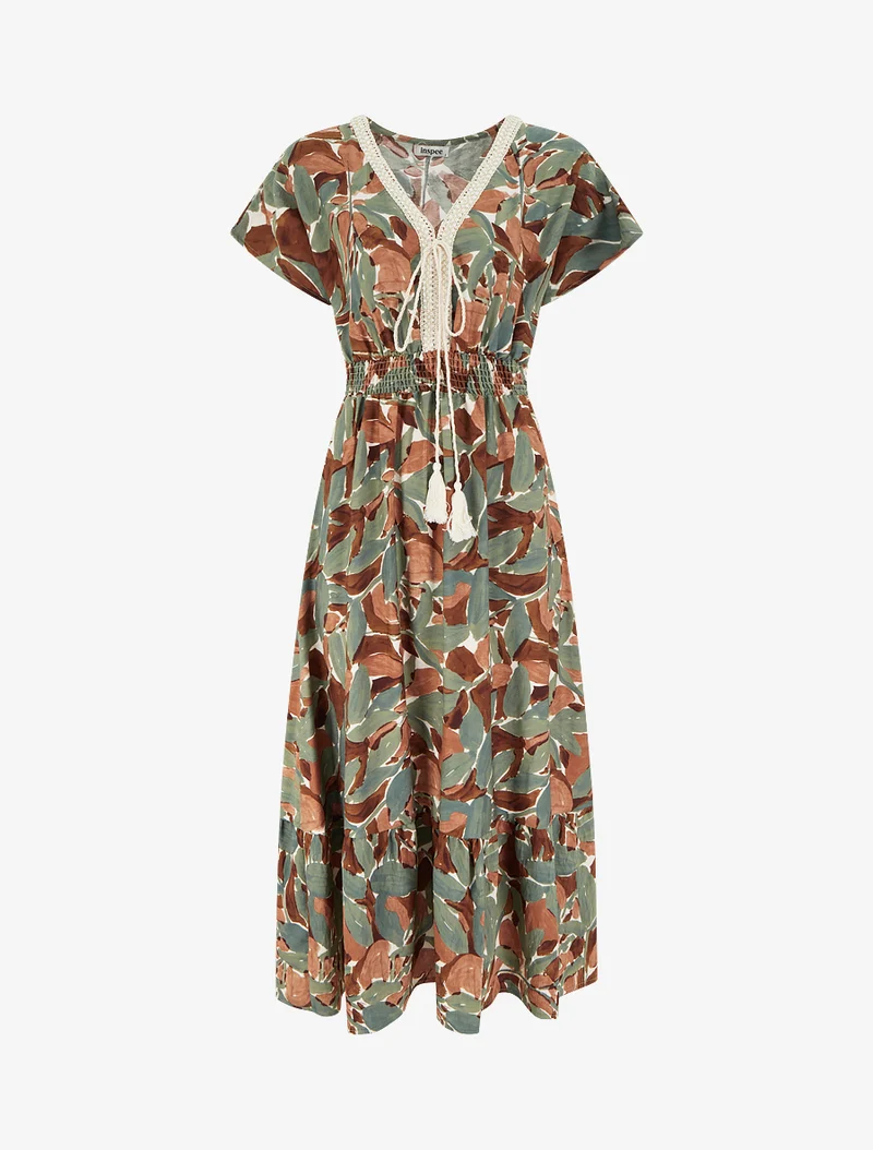 Robe à imprimé stylisé et col en crochet - Kaki