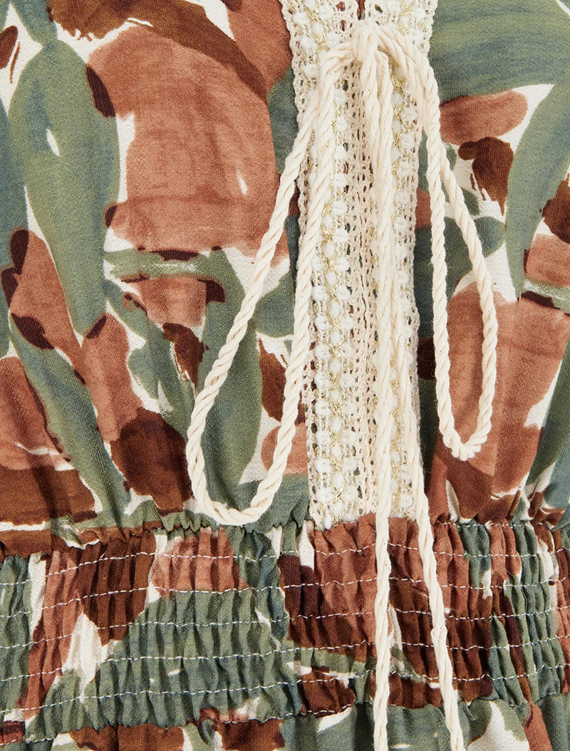 Robe à imprimé stylisé et col en crochet - Kaki