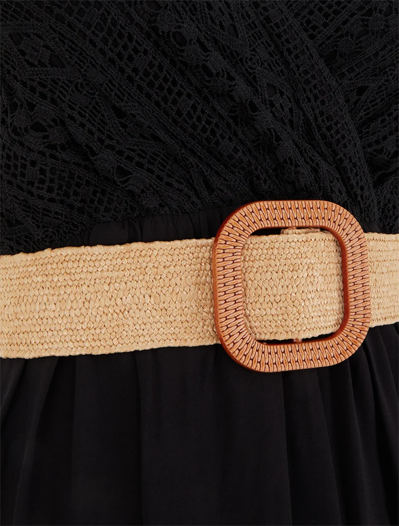 Robe longue unie à buste en dentelle - Noir