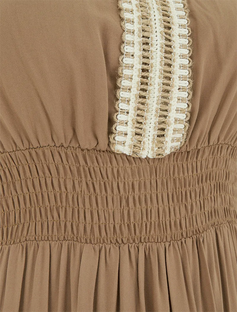 Robe évasée sans manches à col macramé - Marron clair