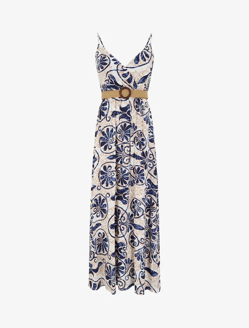 Robe longue évasée imprimé arabesques stylisés - Marine