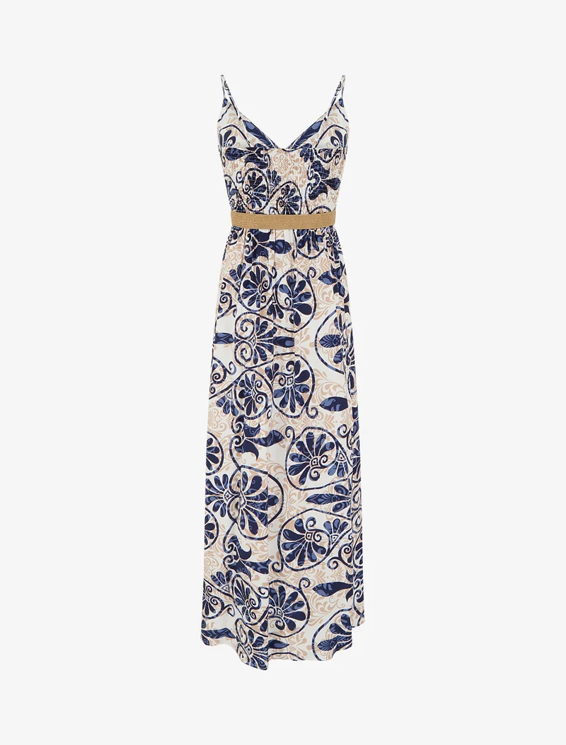 Robe longue évasée imprimé arabesques stylisés - Marine
