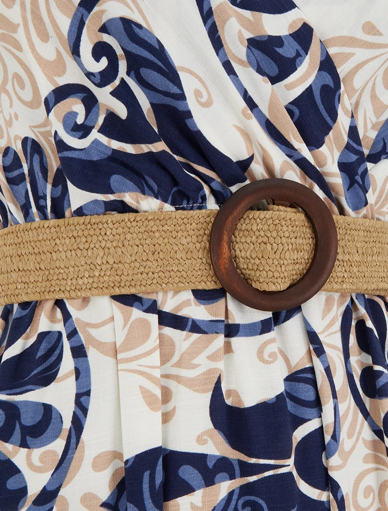 Robe longue évasée imprimé arabesques stylisés - Marine
