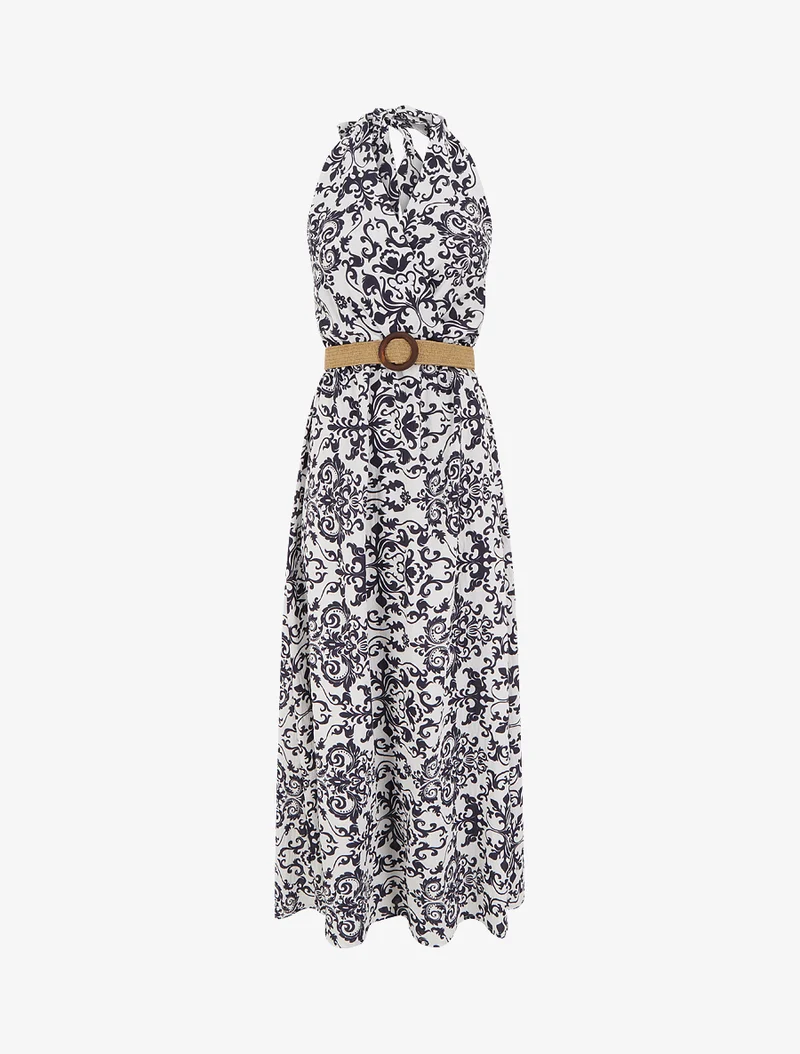 Robe longue dos nu à imprimé arabesque - Marine