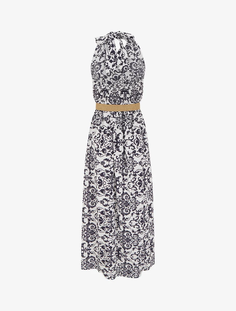 Robe longue dos nu à imprimé arabesque - Marine