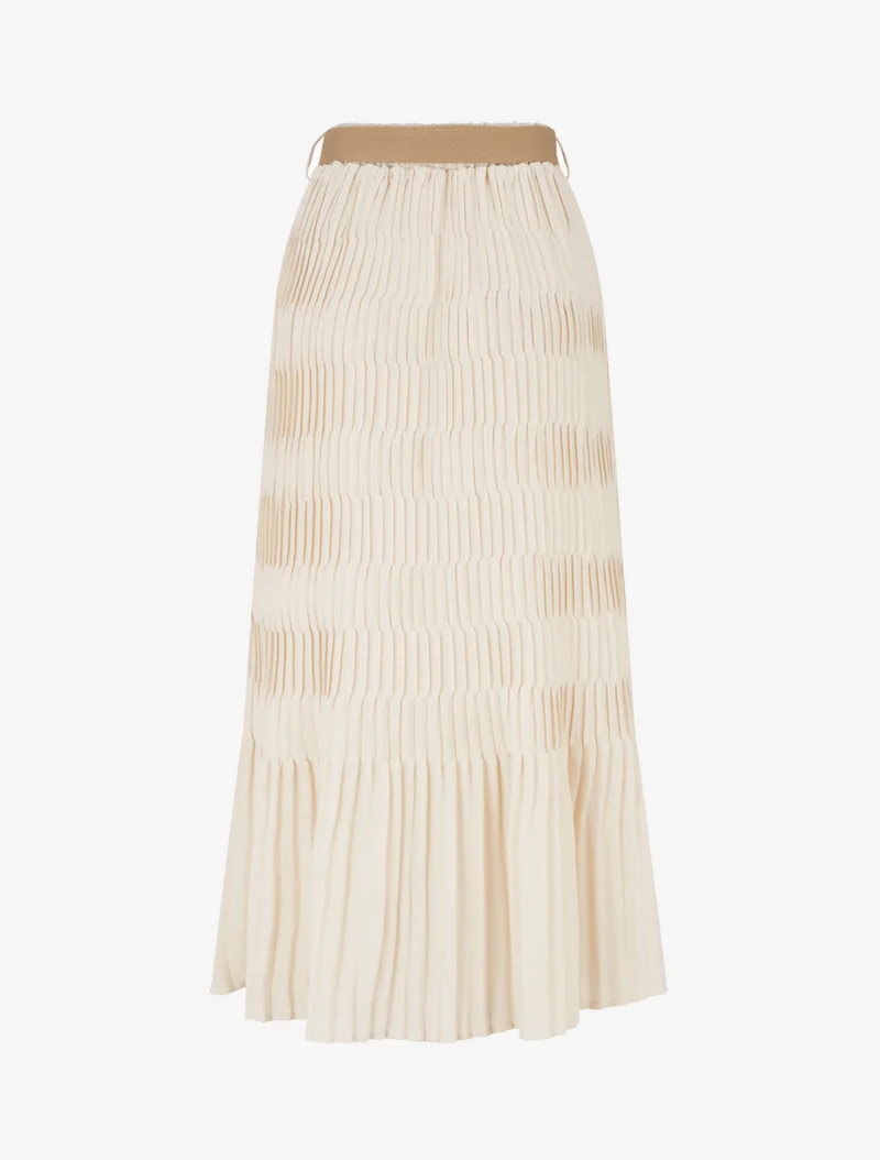 Jupe longue plissée à taille élastiquée - Beige