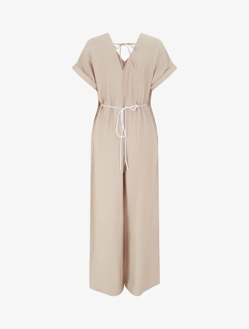 Combinaison ample à manches courtes et ceinture perlée - Beige