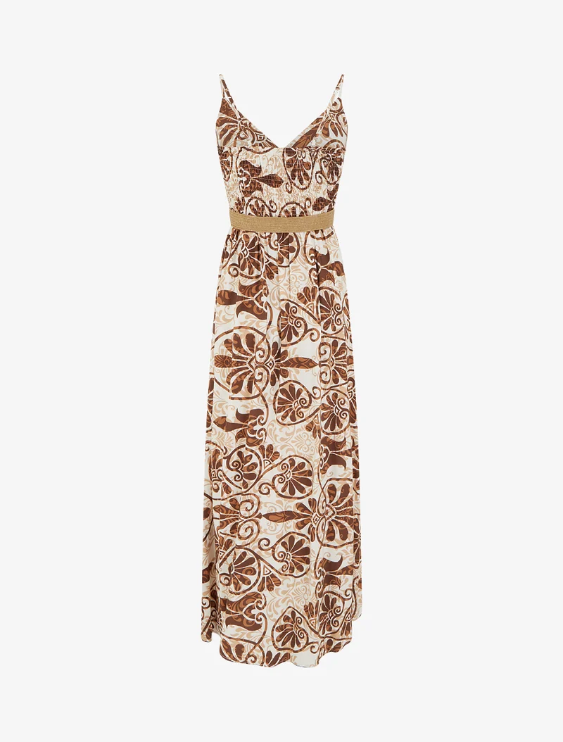 Robe longue évasée imprimé arabesques stylisés - Marron