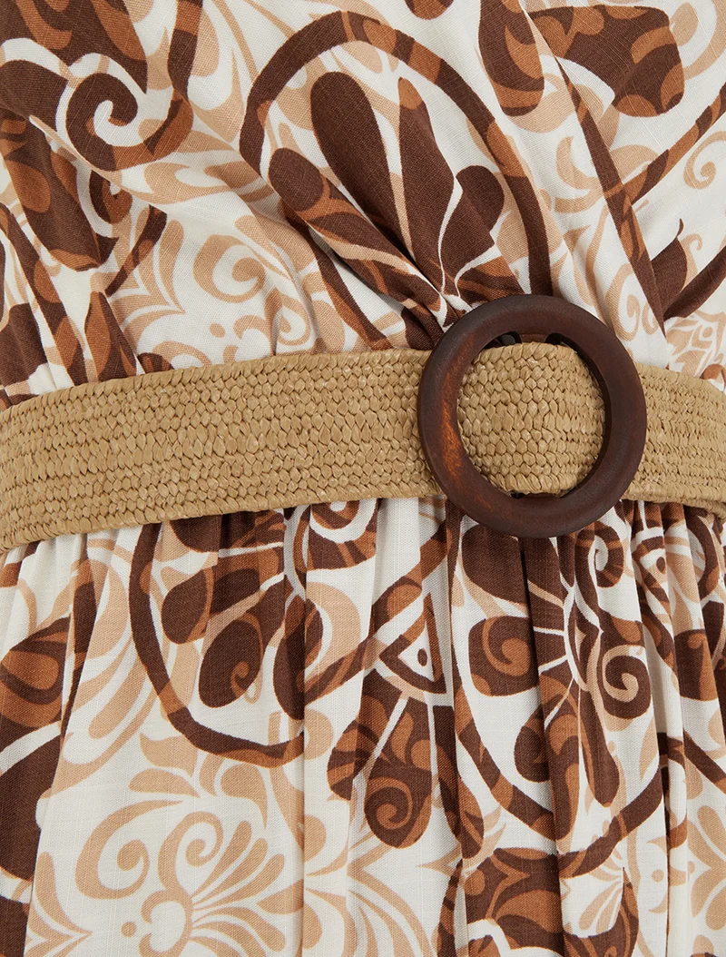 Robe longue évasée imprimé arabesques stylisés - Marron
