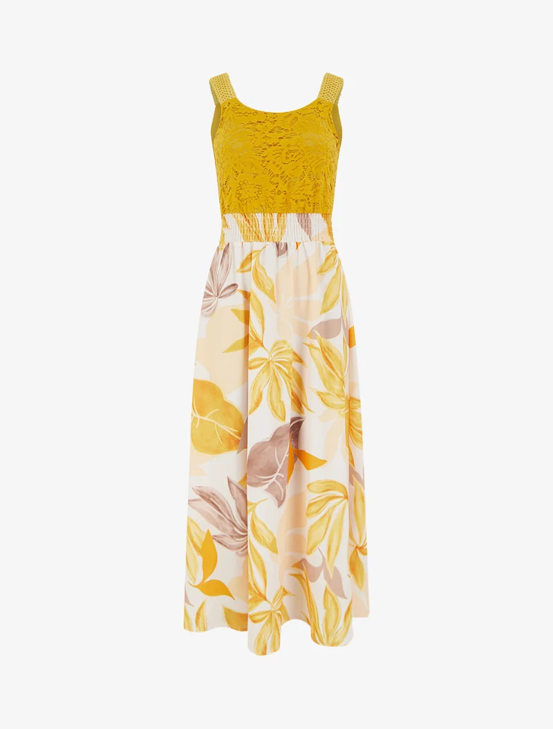 Robe imprimé fantaisie à bretelles en crochet - Jaune moutarde
