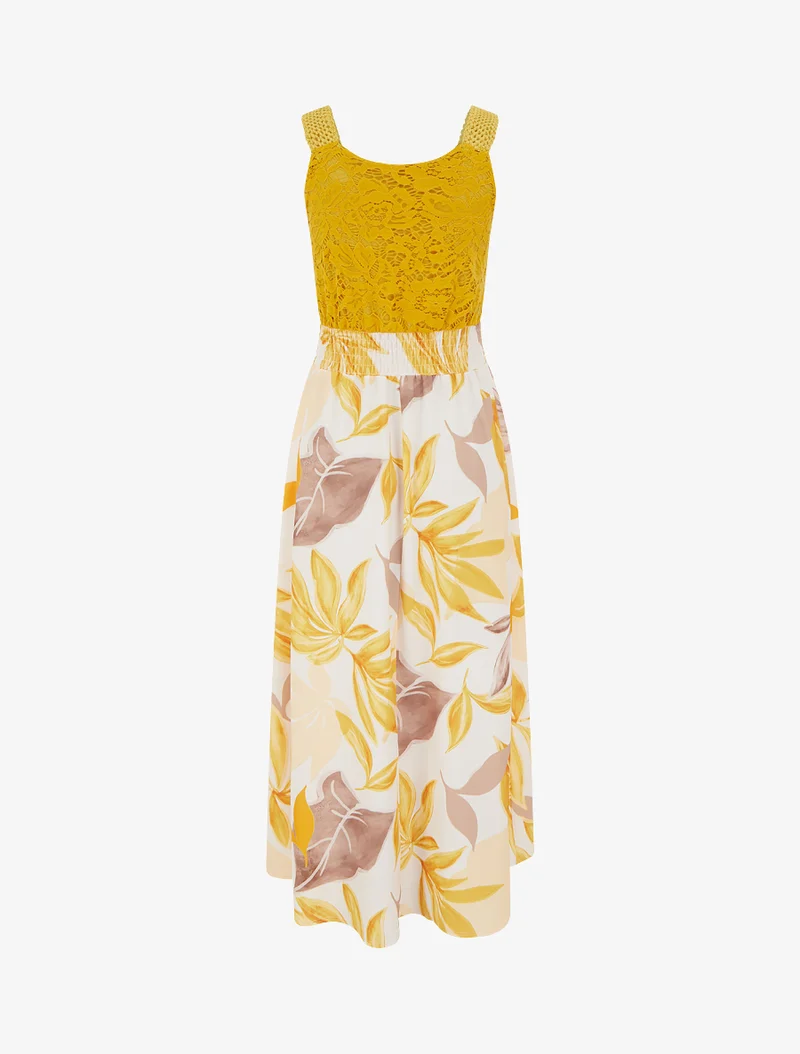 Robe imprimé fantaisie à bretelles en crochet - Jaune moutarde