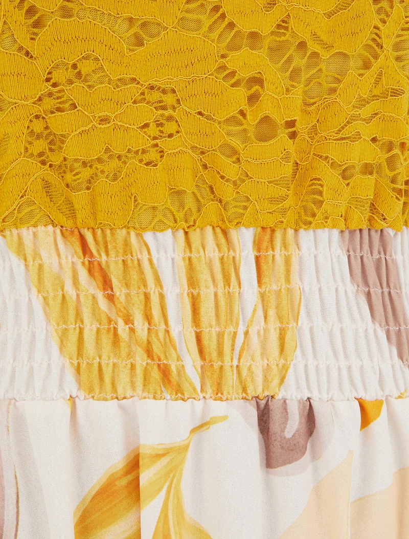 Robe imprimé fantaisie à bretelles en crochet - Jaune moutarde