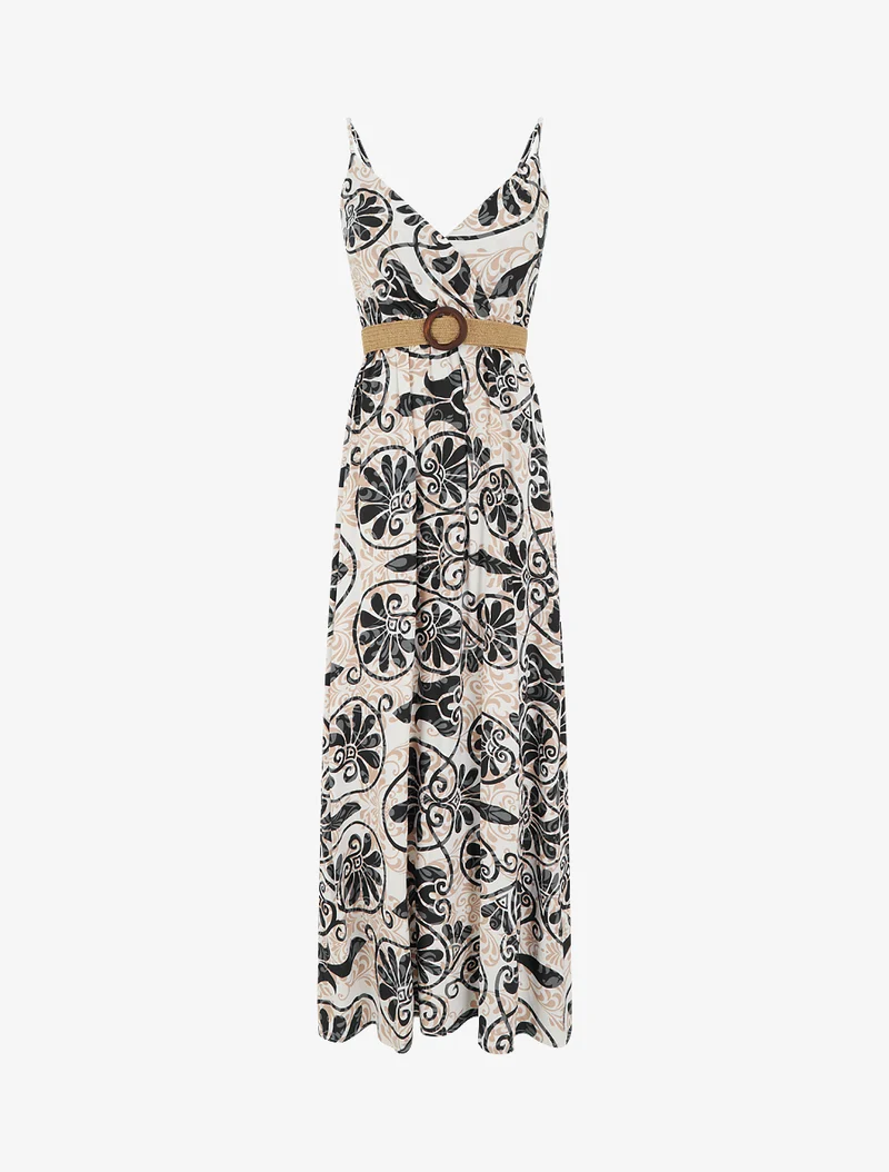 Robe longue évasée imprimé arabesques stylisés - Noir