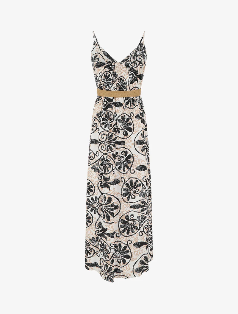 Robe longue évasée imprimé arabesques stylisés - Noir