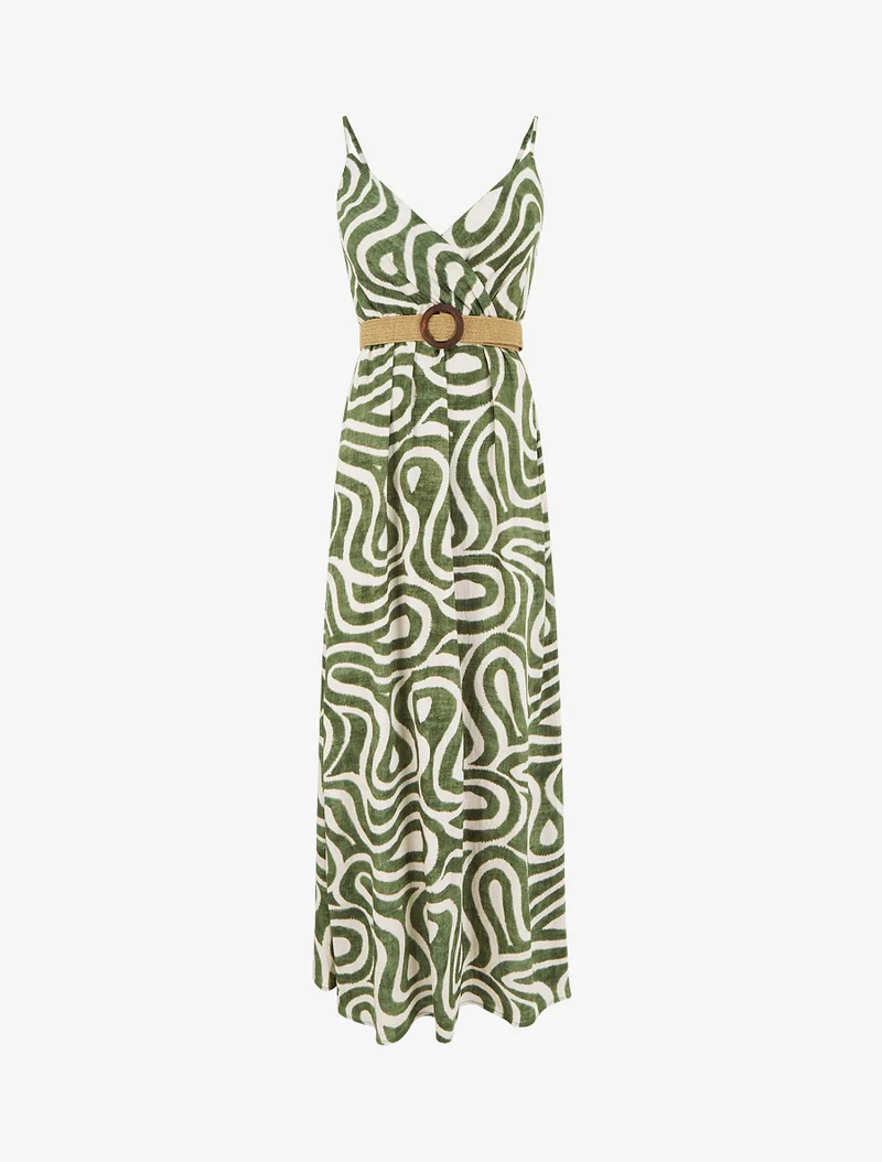 Robe longue évasée imprimé courbes fantaisies - Kaki