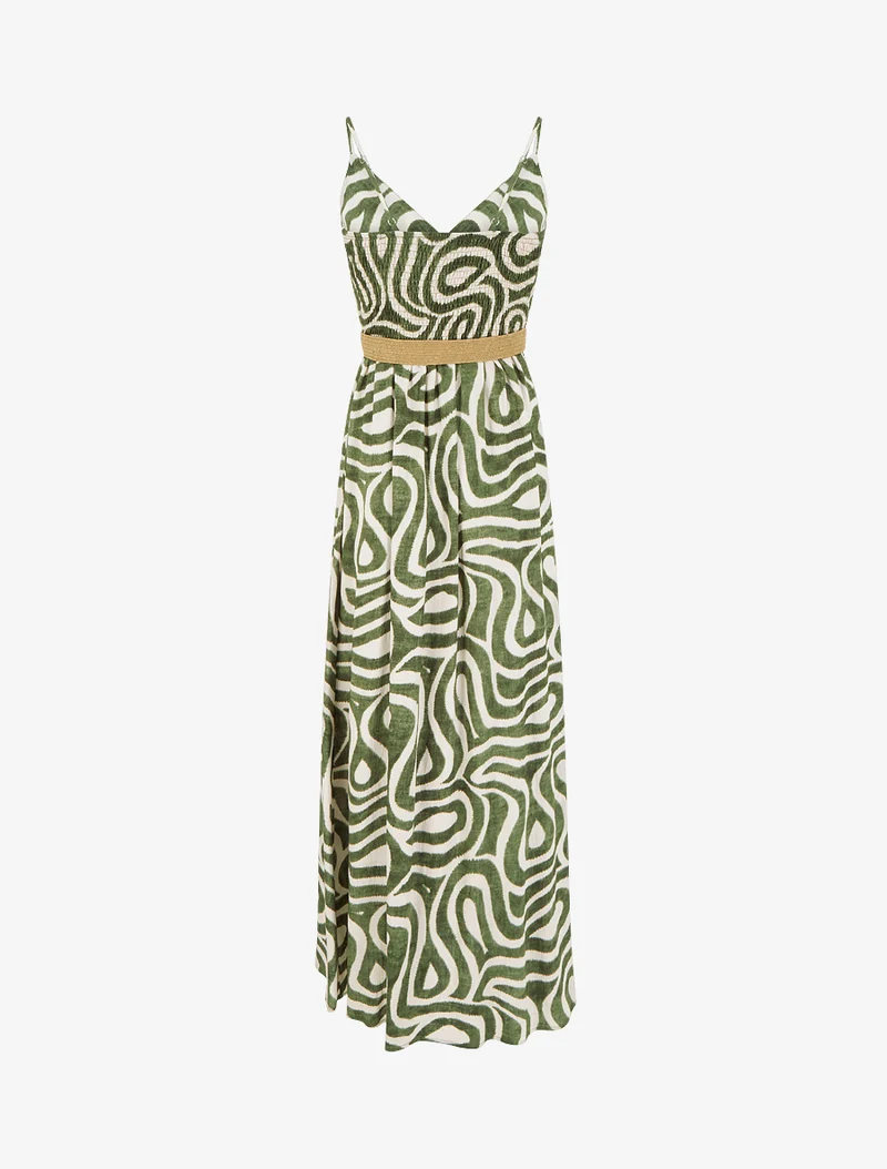 Robe longue évasée imprimé courbes fantaisies - Kaki