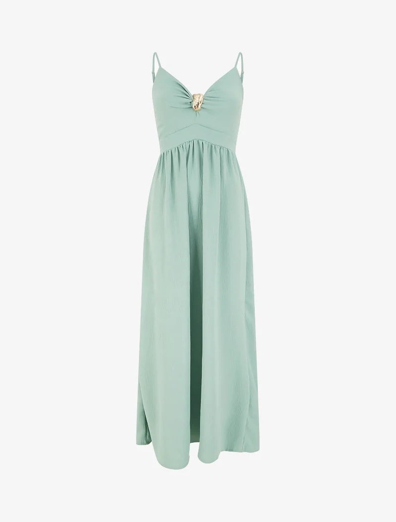 Robe longue unie à col V bijou - Vert d'eau