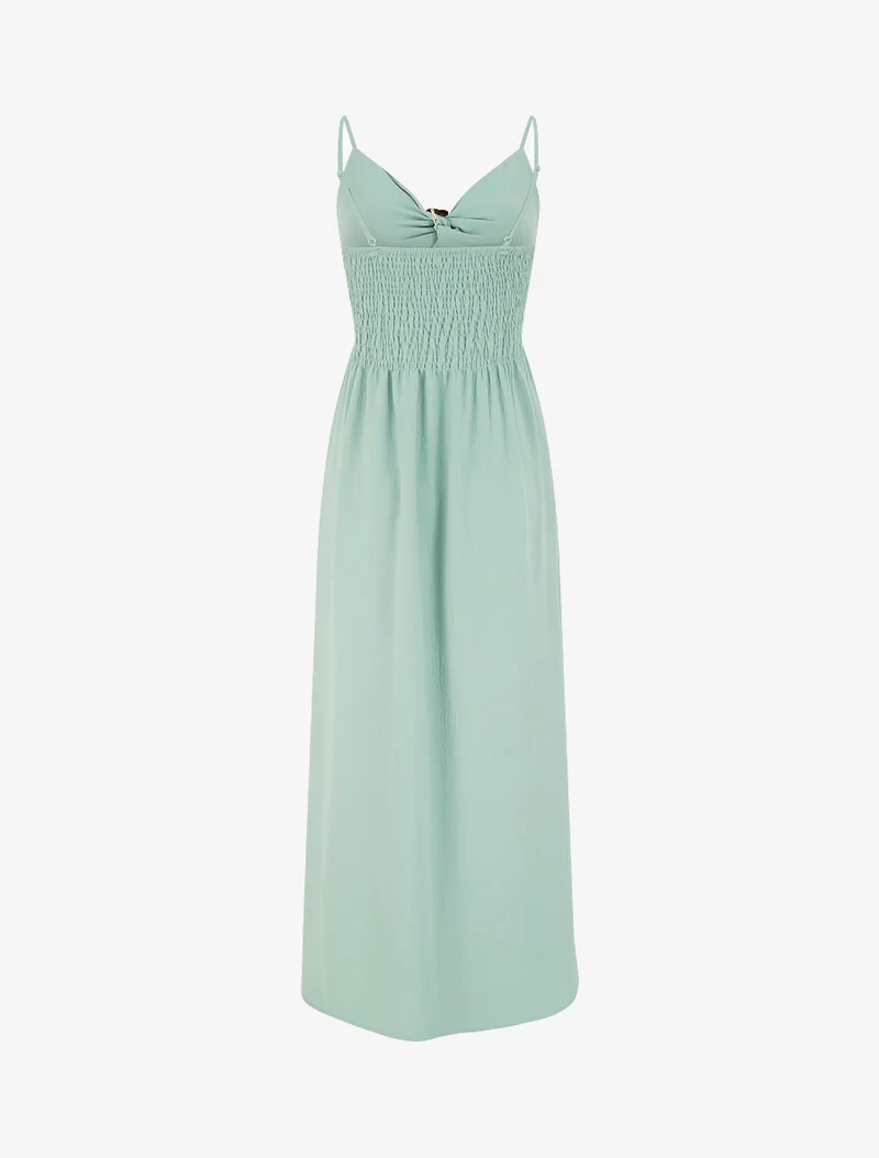 Robe longue unie à col V bijou - Vert d'eau