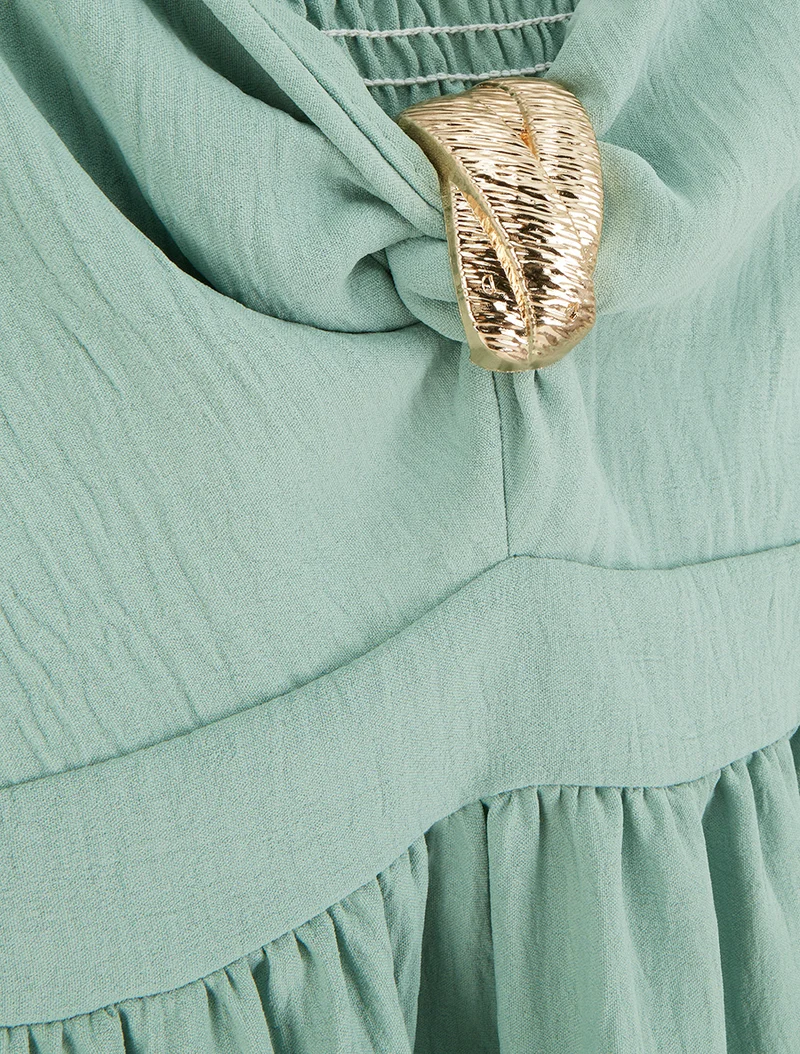 Robe longue unie à col V bijou - Vert d'eau