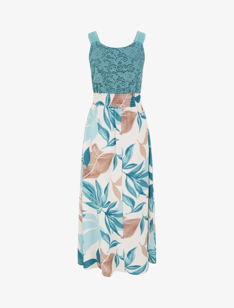Robe imprimé fantaisie à bretelles en crochet - Turquoise