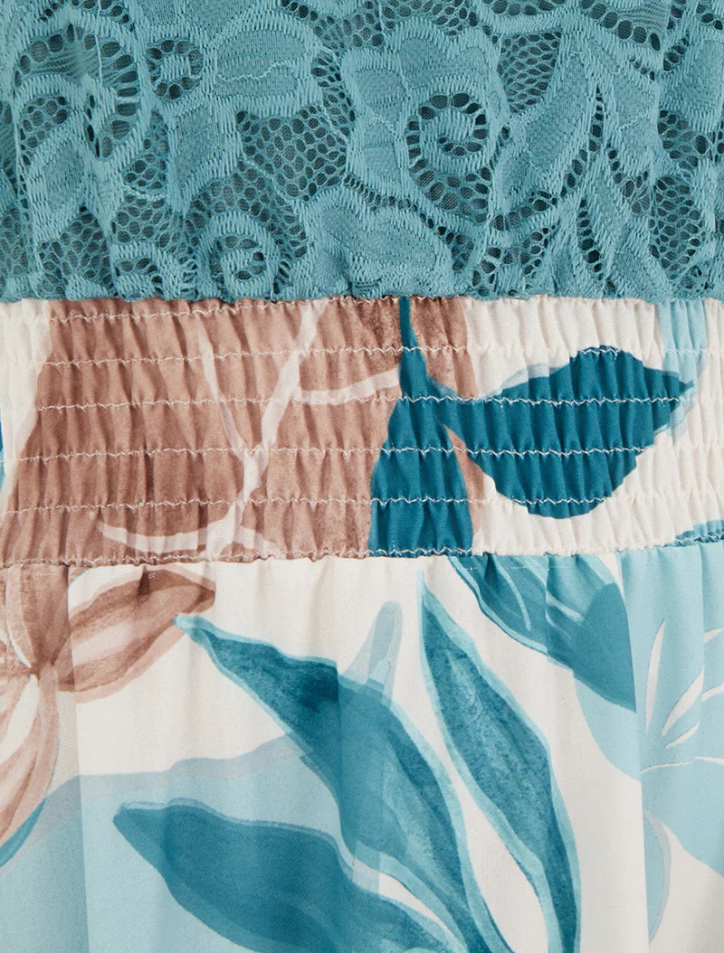 Robe imprimé fantaisie à bretelles en crochet - Turquoise