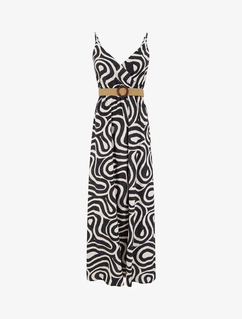 Robe longue évasée imprimé courbes fantaisies - Noir