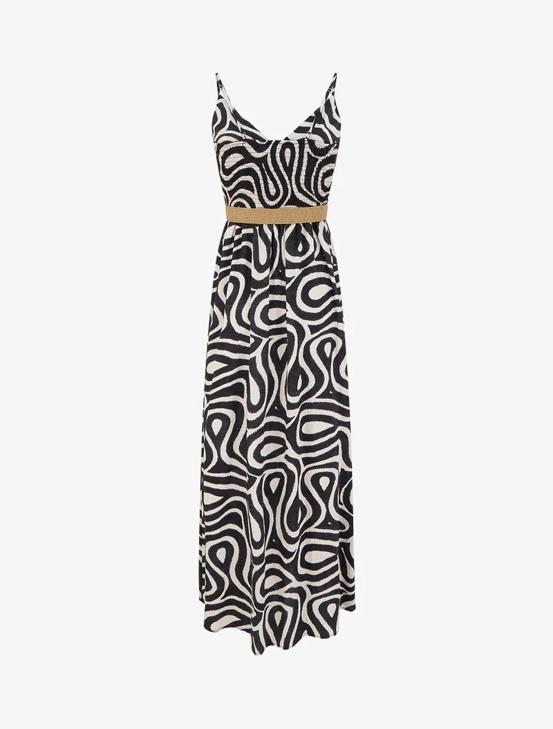 Robe longue évasée imprimé courbes fantaisies - Noir