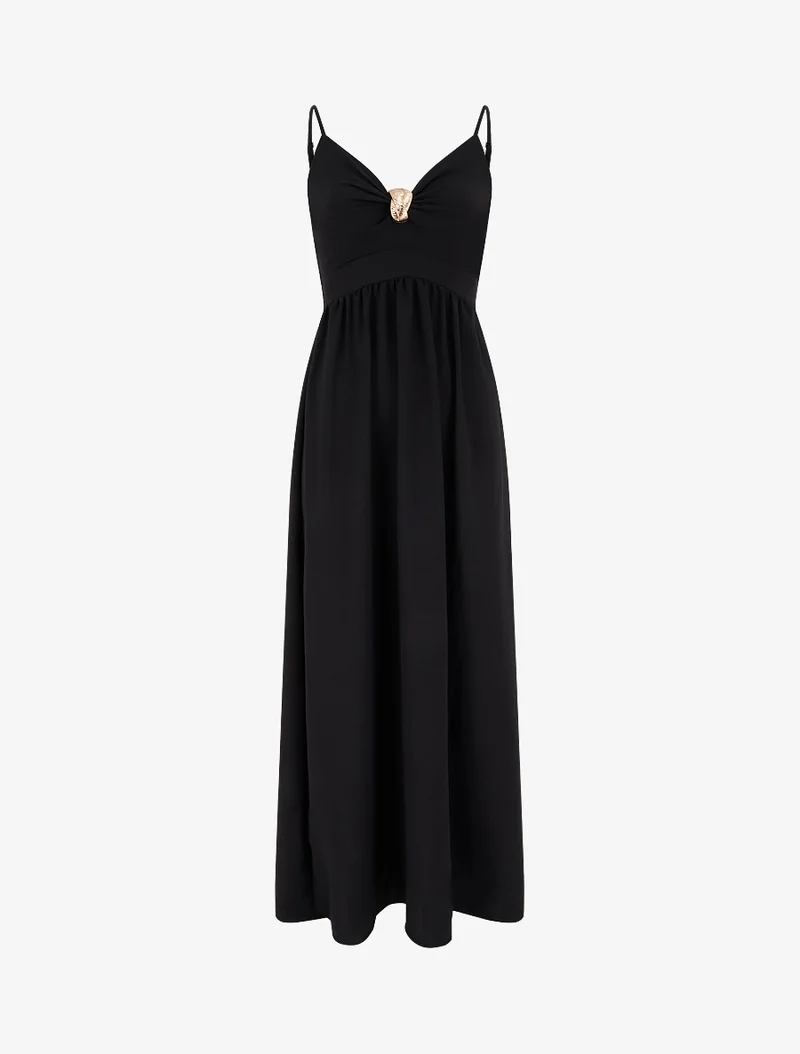 Robe longue unie à col V bijou - Noir