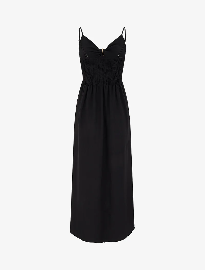 Robe longue unie à col V bijou - Noir