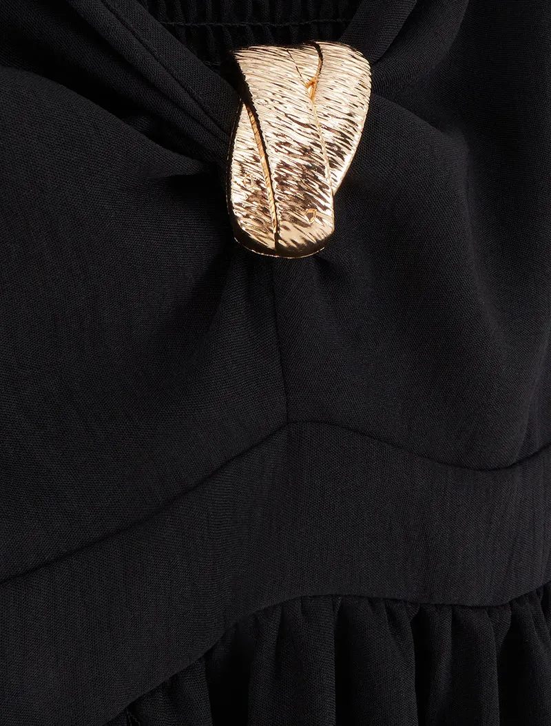Robe longue unie à col V bijou - Noir