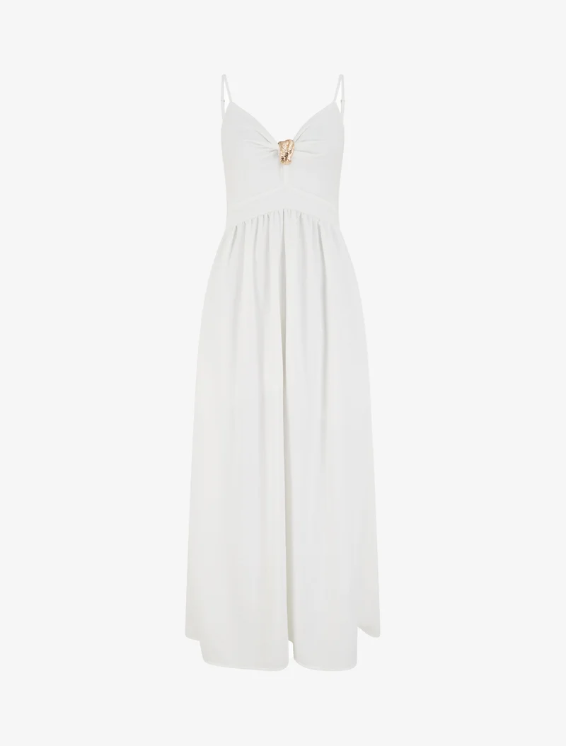 Robe longue unie à col V bijou - Blanc