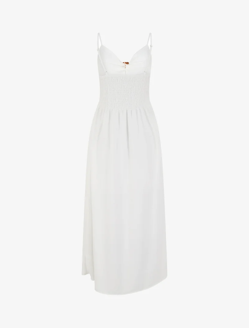 Robe longue unie à col V bijou - Blanc