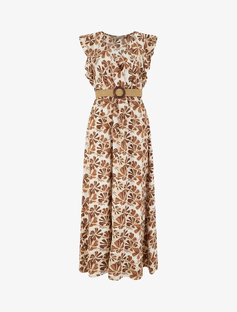 Robe longue imprimé stylisé à col cache-coeur - Marron
