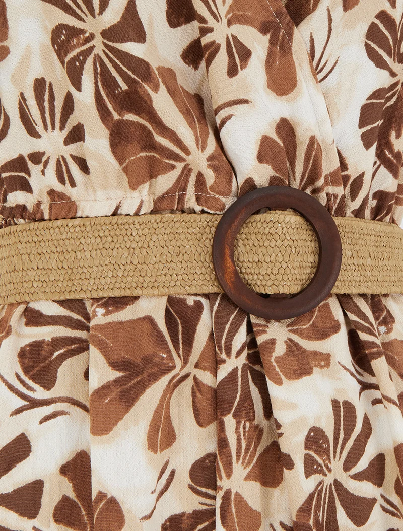 Robe longue imprimé stylisé à col cache-coeur - Marron