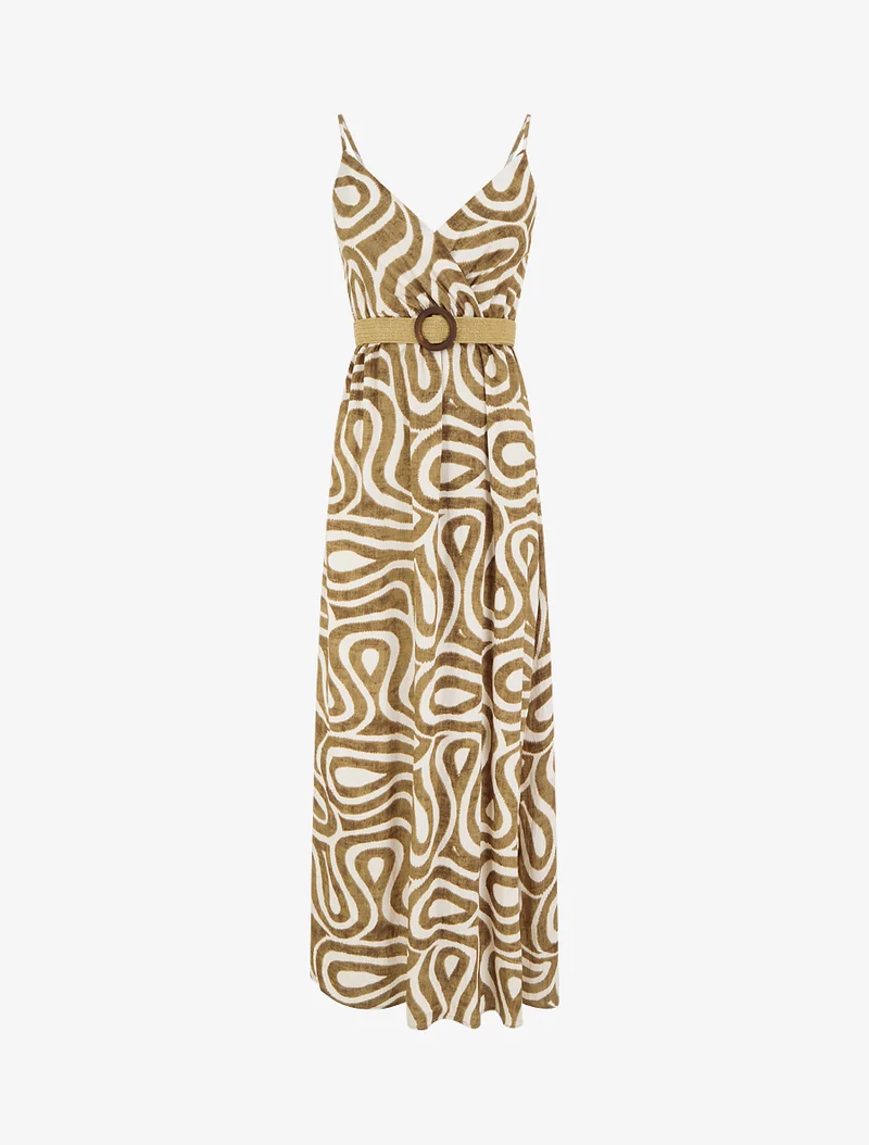 Robe longue évasée imprimé courbes fantaisies - Marron