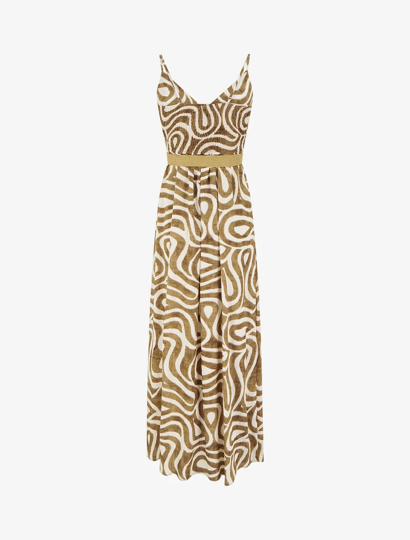 Robe longue évasée imprimé courbes fantaisies - Marron