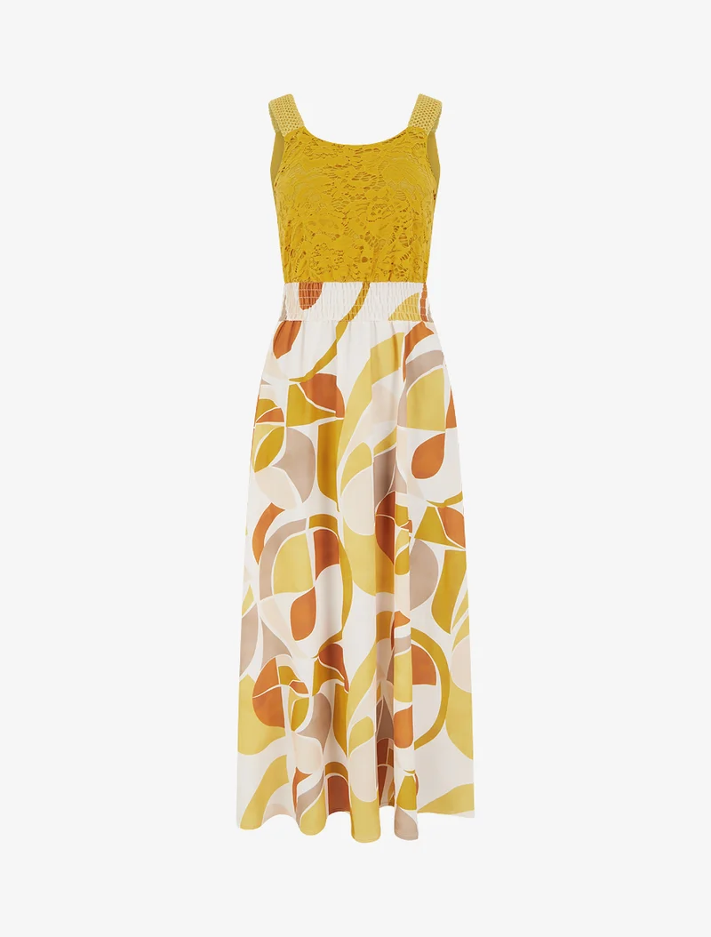 Robe imprimé abstrait à bretelles en crochet - Jaune moutarde