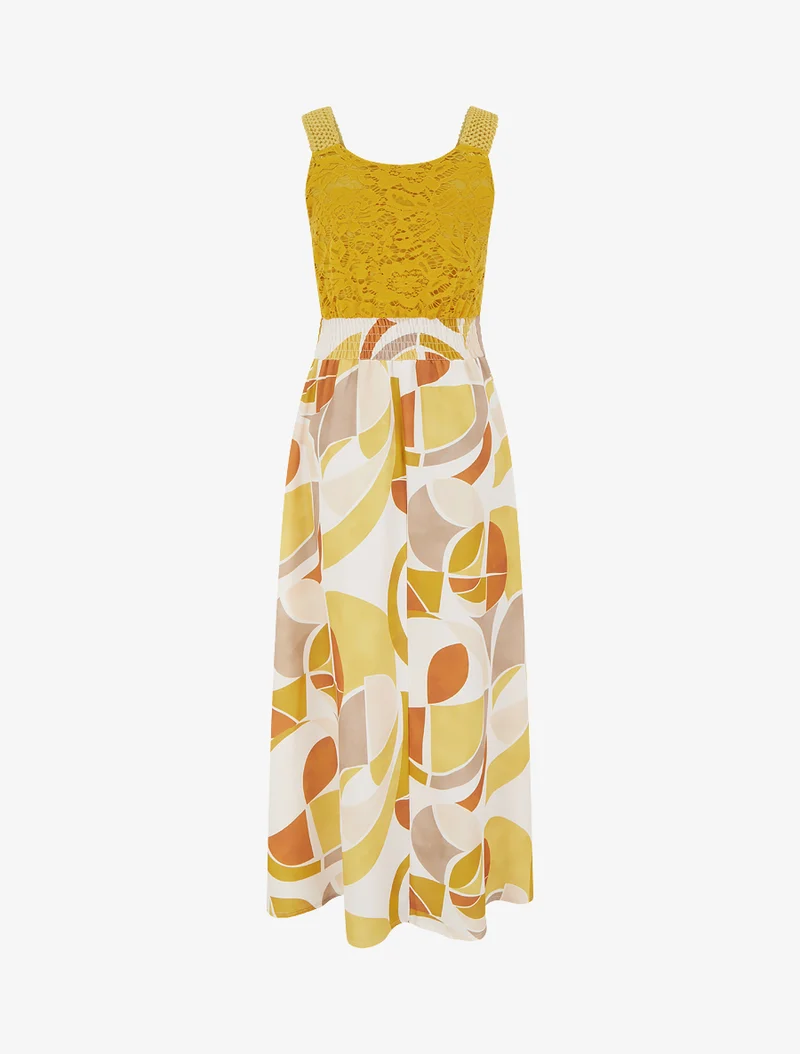 Robe imprimé abstrait à bretelles en crochet - Jaune moutarde