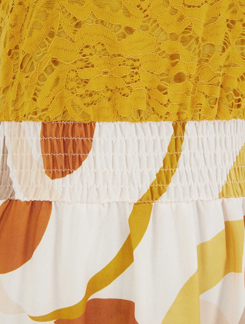 Robe imprimé abstrait à bretelles en crochet - Jaune moutarde