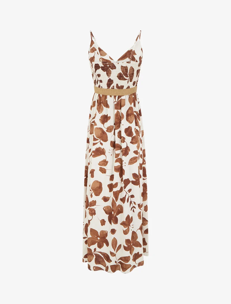 Robe longue évasée imprimé grandes fleurs - Marron