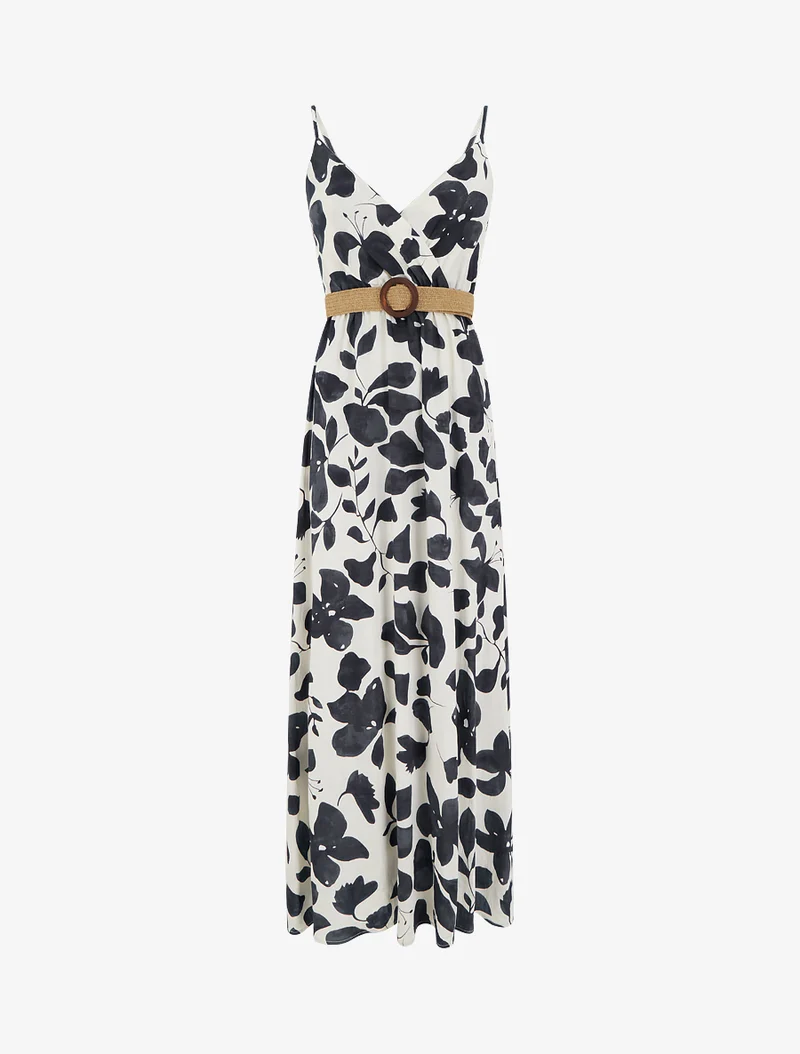 Robe longue évasée imprimé grandes fleurs - Noir