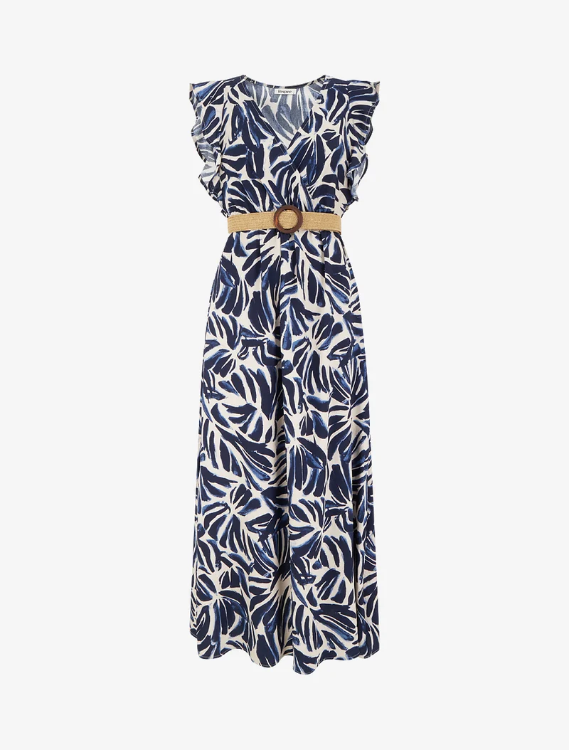 Robe longue imprimé fantaisie à col cache-coeur - Marine