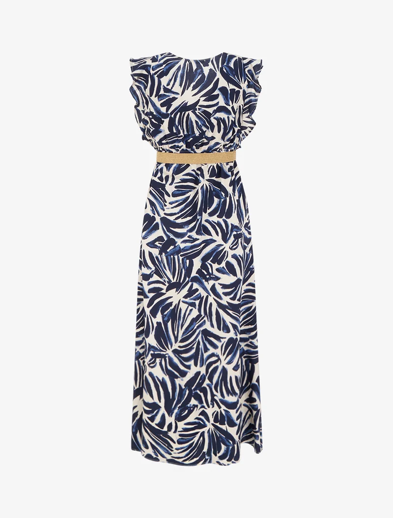 Robe longue imprimé fantaisie à col cache-coeur - Marine