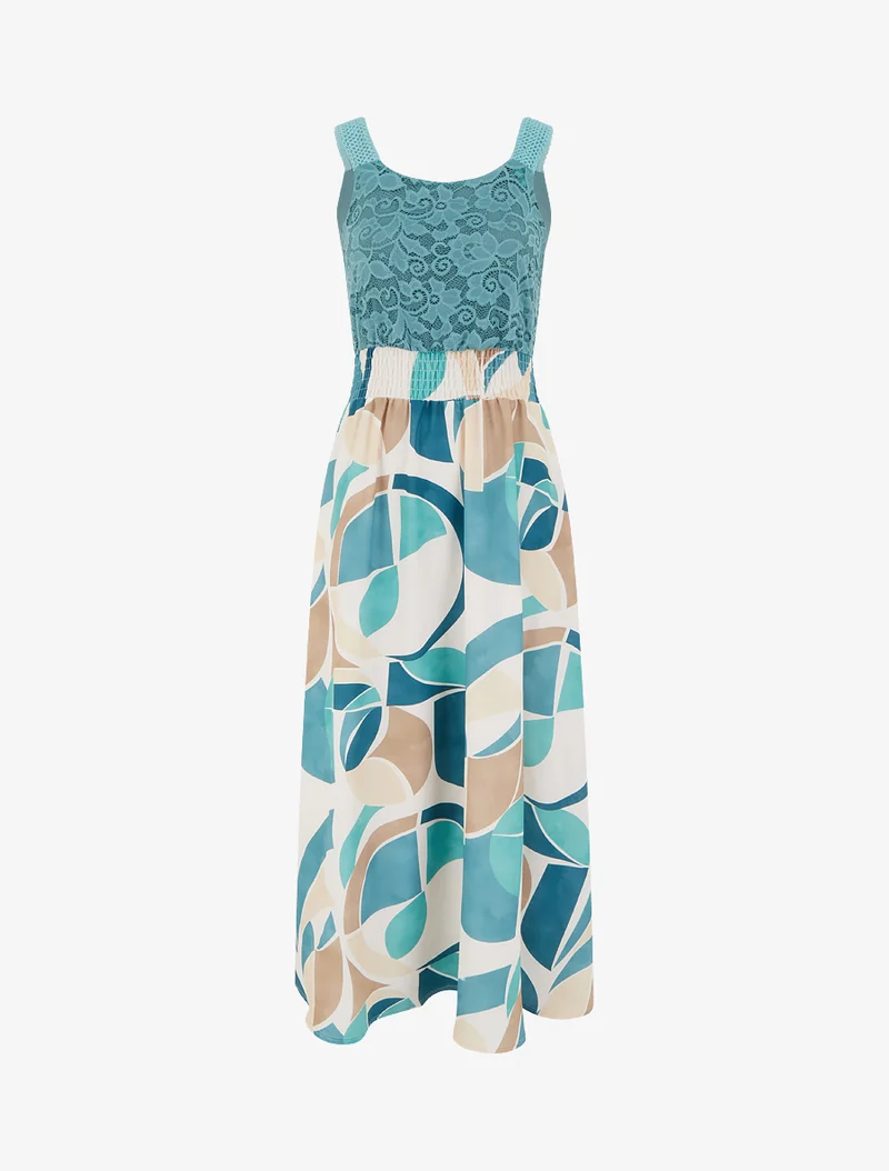 Robe imprimé abstrait à bretelles en crochet - Turquoise
