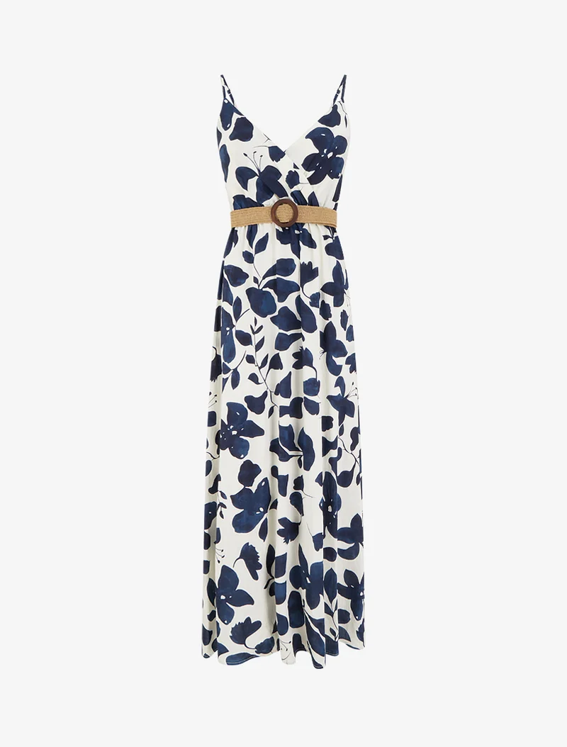 Robe longue évasée imprimé grandes fleurs - Marine