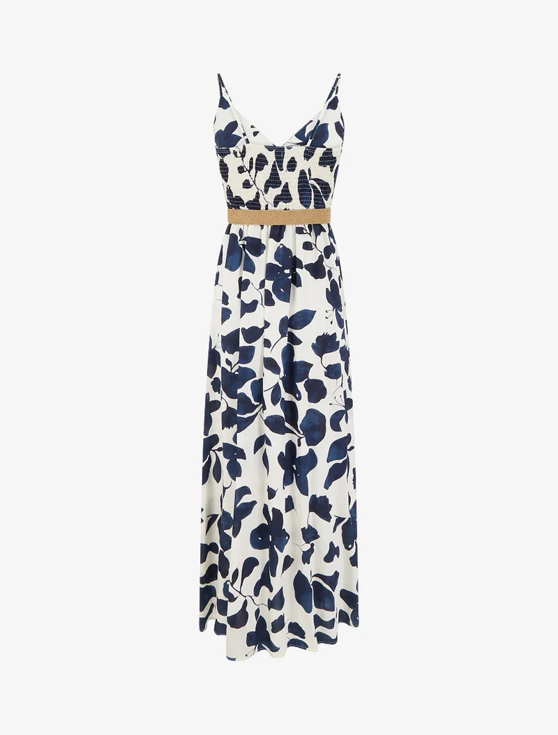 Robe longue évasée imprimé grandes fleurs - Marine