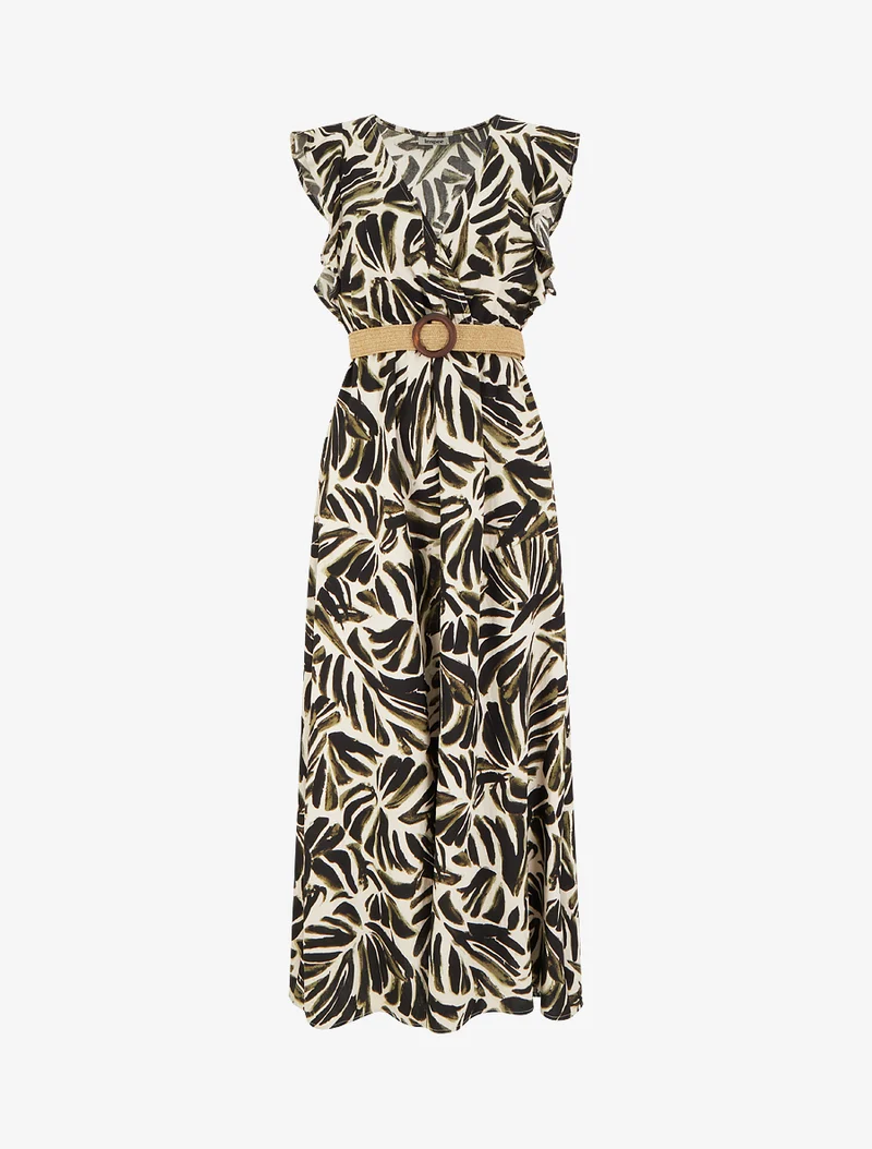 Robe longue imprimé fantaisie à col cache-coeur - Kaki