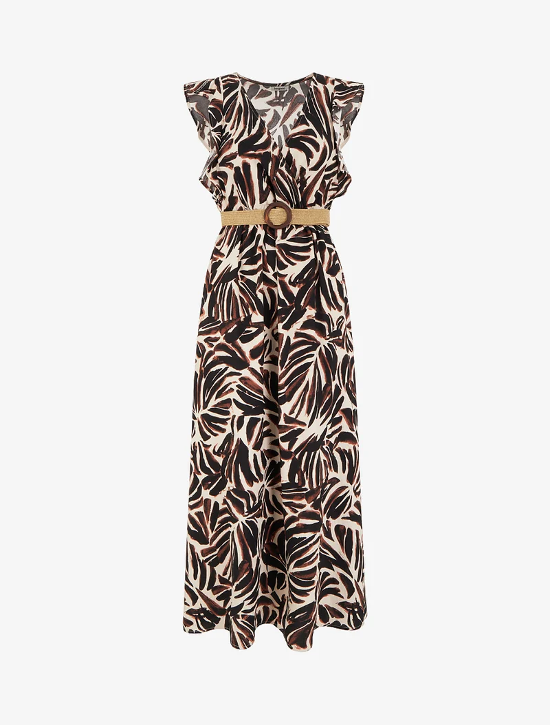 Robe longue imprimé fantaisie à col cache-coeur - Marron