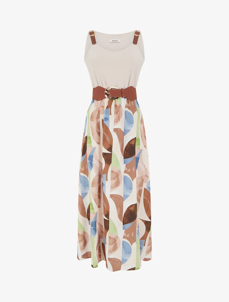 Robe imprimé fantaisie à bretelles en simili - Beige
